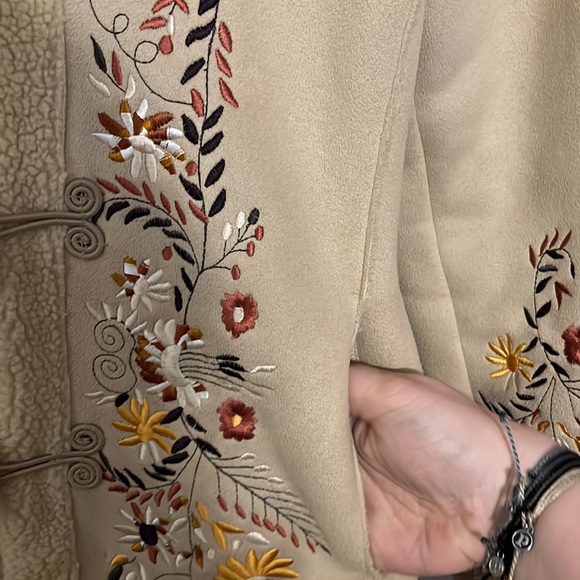 Panache Beige Faux Suede Floral Embroidered Jacket with Toggle Buttons - Picture 5 of 8